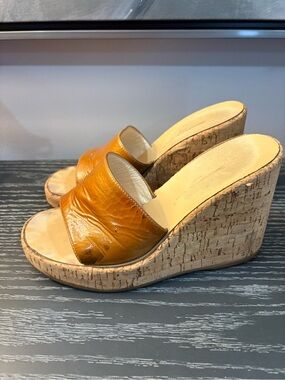 Barbara Bui Tan Cork Wedge Slide Sandals